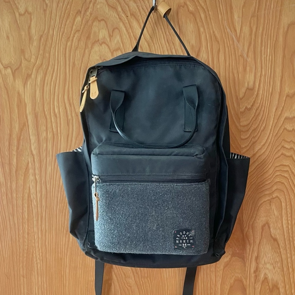 Product of the North Elkin backpack diaper bag, black nylon and gray felt
